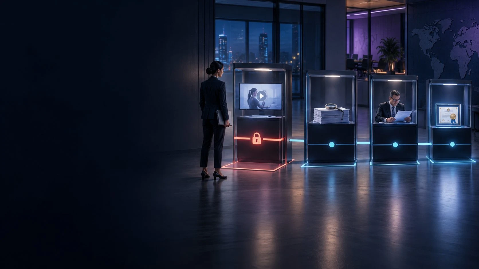 Connected display cases illustrate prerequisite stages, evidence review and a credential result.