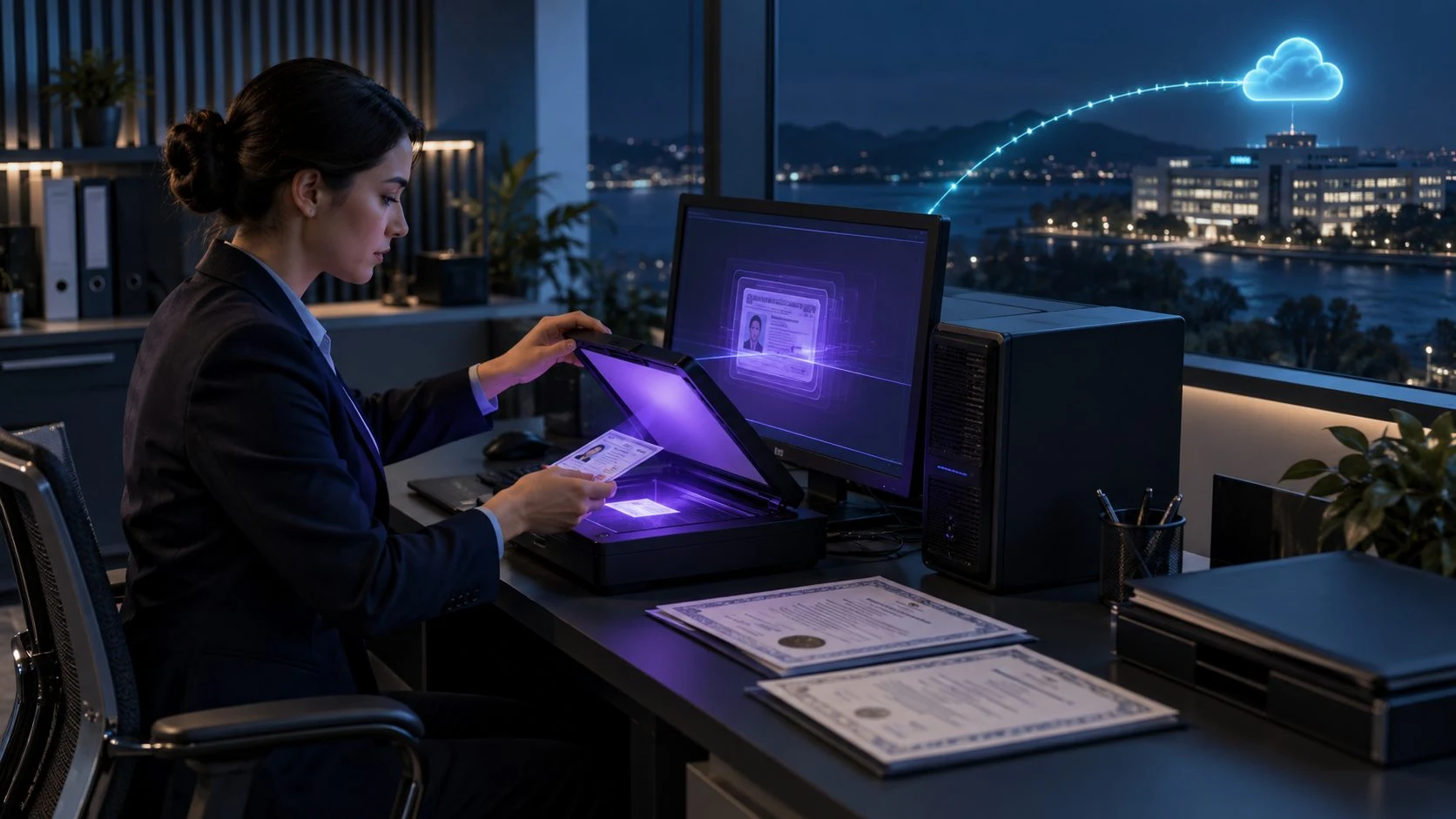 A person scans credential documents locally beside a desktop computer.